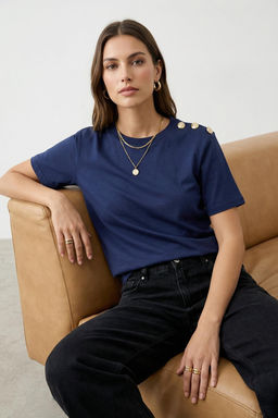 Lacivert %100 Pamuk Gold Dugme Detayl? Regular/Normal Kesim Orme T-Shirt TWOSS25TS00039