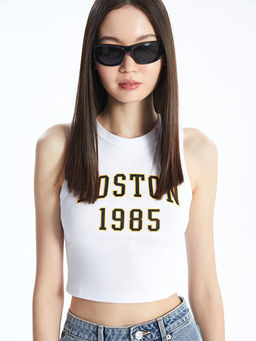 Bisiklet Yaka Bask?l? Kad?n Crop