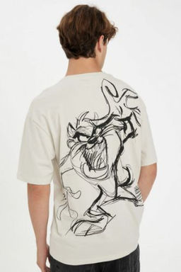 Looney Tunes Boxy Fit Bisiklet Yaka S?rt Bask?l? Pamuklu K?sa Kollu Tisort