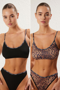 Trendyolmilla Siyah-Leopar 2li Paket Fitilli Sloganl? Balensiz Kaps?z Bralette Orme Sutyen THMSS25SU00029