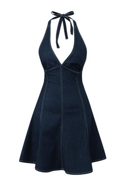Teen Koyu Mavi Boyundan Baglamal? Orta Esnek Mini Denim Elbise TWOSS26EL00354