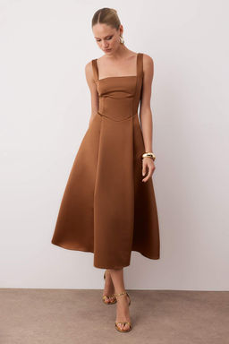 Kahverengi A-Kesim Saten Dokuma S?k Abiye Gece Mezuniyet Elbisesi TPRAW25EL00040