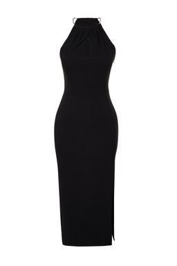 TRENDYOLMILLA Siyah Vucuda Oturan Aksesuarl? Dokuma S?k Abiye Elbise TPRSS24EL00094