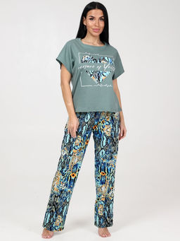 633 ПИЖАМА ЖЕНСКАЯ (брюки) (Зелёный/бирюза (змея))