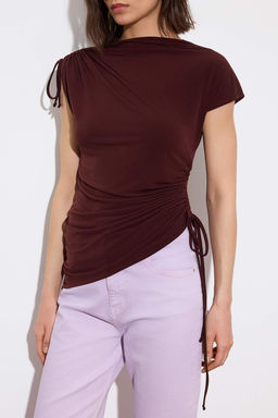 Limited Edition Kahverengi Vucuda Oturan Dik Yaka K?sa Kollu Buzgulu Esnek Orme Bluz TWOSS26BZ00471