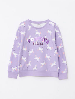 Bisiklet Yaka Bask?l? Pul ??lemeli Uzun Kollu K?z ?ocuk Sweatshirt