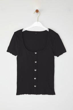 Siyah Fitted/Vucuda Oturan Kalp Dugmeli Havuz Yaka Esnek Orme Bluz TWOSS25BZ00221