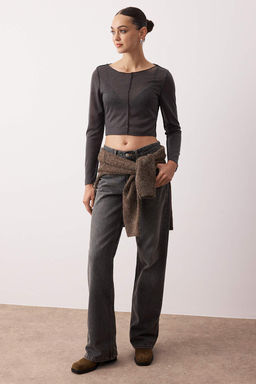 Antrasit Transaparan Nervurlu Regular/Normal Kal?p Crop Orme Bluz TWOAW26BZ00123