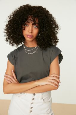 Antrasit %100 Pamuk Vatka Gorunumlu Basic Bisiklet Yaka Orme T-Shirt TWOSS20TS0021