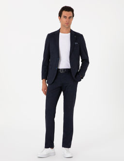 Lacivert Slim Fit Mikro Desen Y_n Kar___ml_ Tak_m Elbise