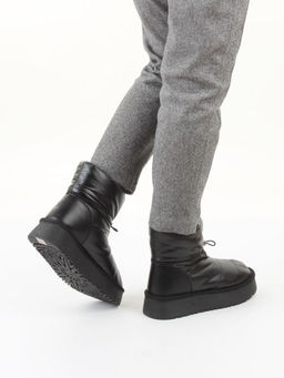 04-WA003-1M BLACK Ботинки зимние женские (натуральная кожа, курточная ткань, 100% шерсть)