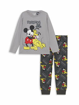 Bisiklet Yaka Mickey Mouse Bask?l? Erkek ?ocuk Pijama Tak?m?