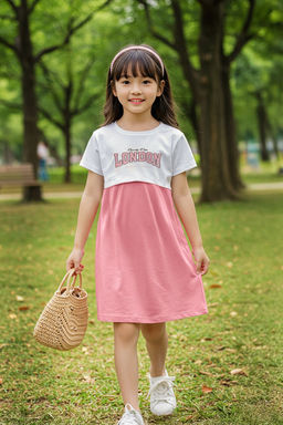 Pembe K?z Cocuk %100 Pamuk Slogan Bask?l? K?sa Kol Orme Elbise TKDSS25EL00095