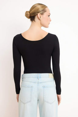 Siyah Vucuda Oturan Havuz Yaka Uzun Kollu Fermuar Fitilli Esnek Orme Body TWOSS26BD00026 - Trendyolmilla фото 4