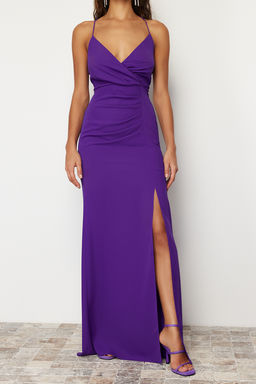 TRENDYOLMILLA Mor S?rt Biye Detayl? Dokuma Uzun S?k Abiye Elbise TPRSS22AE0012  фото 4