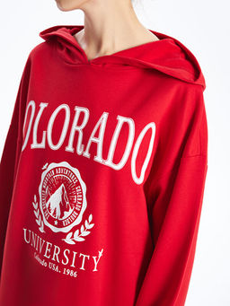 Kap??onlu Bask?l? Oversize Kad?n Kal?n Sweatshirt Tunik
