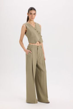 Piliseli Klasik Pantolon Wide Leg Yuksek Bel Genis Paca Basic Duz Tensel Cift Cepli