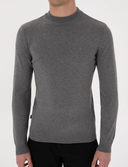 Gri Melanj Slim Fit _eyrek Yaka Basic Triko Kazak