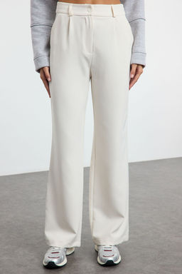 Ekru Yuksek Bel Wide Leg/Genis Paca Pilili Dokuma Kumas Pantolon TWOAW21PL0076