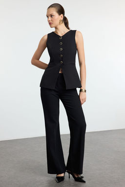 Siyah Fitted Yuvarlak Yaka Dokuma Yelek TWOAW25YE00074