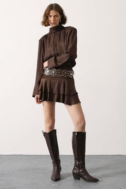 Kahverengi Kemerli Saten Mini Ici Sortlu Boho Etek TWOSS26ET00155