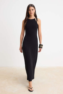 Siyah Bodycon Havuz Yaka _nce Ask_l_ Kolsuz Maxi Esnek _rme Elbise TWOSS26EL01061