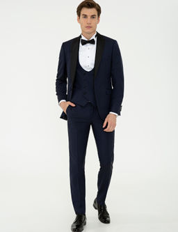 Темно-синий Ex. Slim Fit Жилет Смокинг Костюм Жениха