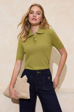 Yag Yesil Premium Iplik/Ozel Iplik Polo Yaka Triko Bluz TWOSS25BZ00184