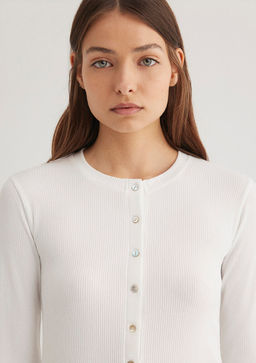 Uzun Kollu Dugme Detayl? Ekru Tisort - Mavi фото 5