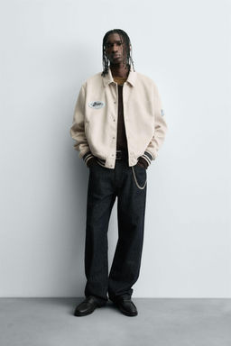 FAUX SUEDE JACKET WITH PATCH AND EMBROIDERY DETAIL