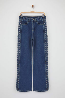 Ozel Koleksiyon Mavi Kusgozu Baglama Detayl? Yuksek Bel Wide Leg Jeans TWOAW26JE00012