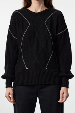 Siyah Genis Kal?p Orgu Detayl? Bisiklet Yaka Triko Kazak TWOAW25KZ00322 - Trendyolmilla фото 3