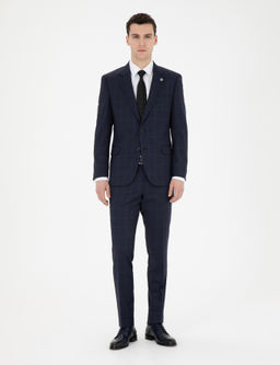 Lacivert Slim Fit %100 Y_n Ekose Tak_m Elbise