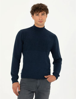 Lacivert Melanj Slim Fit Bal_k__ Yaka Triko Kazak