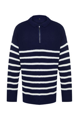 TRENDYOL MAN Vizon Casual Oversize Polo Yaka Cizgili Triko Kazak TMNAW24KZ00018 - Trendyolmilla фото 7