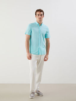 Slim Fit K?sa Kollu Keten Kar???ml? Erkek G?mlek