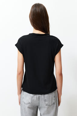 Siyah Viskoz/Yumusak Kumas Fitted/Vucuda Oturan Ay Kol V Yaka Esnek Orme Bluz TWOSS24BZ00433