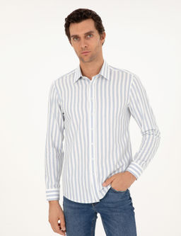 Синяя рубашка узкого кроя в полоску из смесового хлопка - Cacharel фото 3