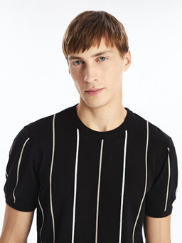 Bisiklet Yaka K?sa Kollu ?izgili Erkek Triko Kazak