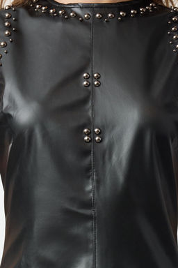 Siyah Suni Deri Troklu Fitted/Vucuda Oturan Mini Dokuma Elbise TWOAW25EL00419 - Trendyolmilla фото 4