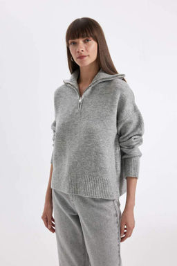 Трикотажный свитер оверсайз с воротником поло и полумолнией - Defacto фото 3