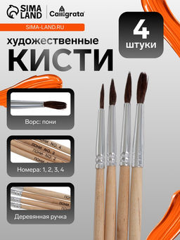 Цена за 2 шт. Кисти художественные для рисования, пони, 4 штуки: № 1, 2, 3, 4, круглые, деревянная ручка, международный размер