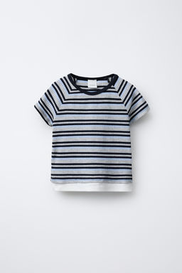 STRIPED T-SHIRT WITH MOCK LAYER HEM