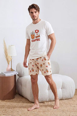 Ekru Couple/_ift Regular Kahve Temal_ Yazl_k _rme Pijama Tak_m_ TMNSS26PT00050