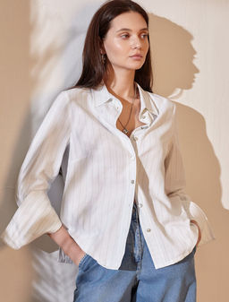 Блузка свободного силуэта в тонкую полоску из эластичного хлопка с добавлением льна