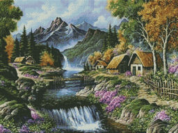 Вышивка крестиком 40х50см, Домики у водопада