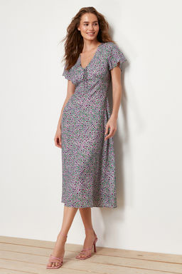 Yesil Cicek Desenli A Kesim V Yaka Midi Dokuma Elbise TWOSS24EL00618 - Trendyolmilla фото 3