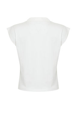 Ekru %100 Kal?n Pamuklu Polo Yaka Regular/Normal Kal?p Orme T-Shirt TWOSS24TS00075