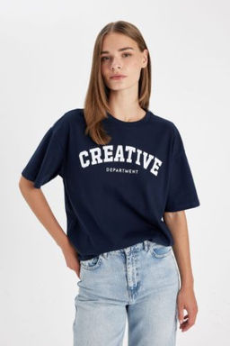 Oversize Genis Kal?p Bisiklet Yaka Bask?l? K?sa Kollu Tisort