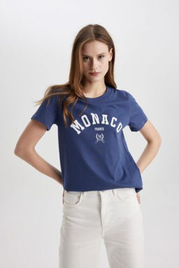 Regular Fit Bisiklet Yaka Bask?l? K?sa Kollu Tisort